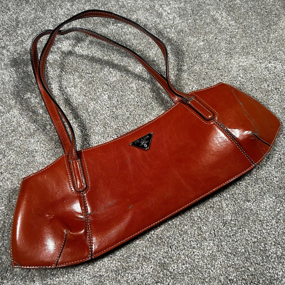 Prada Vintage Glazed Leather Shoulder Bag Burnt Orange Baguette Triangle Logo - Picture 3 of 8